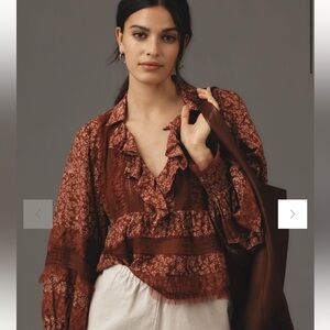 By Anthropologie Ruffled V-Neck Popover Blouse Red Motif